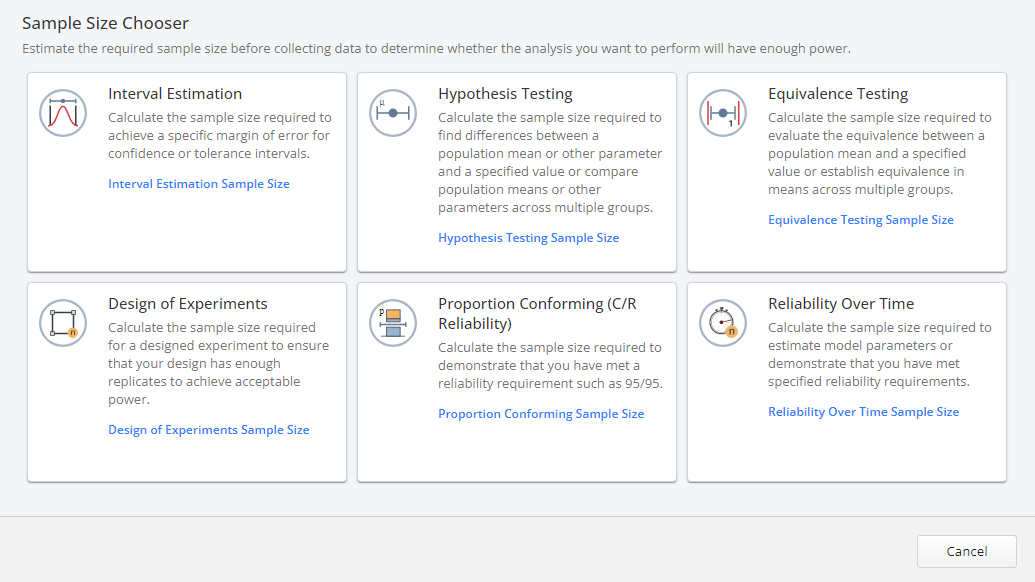 O painel de seleção de tamanho de amostra da Minitab com vários testes para estimar o tamanho de amostra necessário antes da coleta de dados.