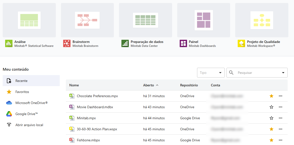 Arquivos recentes e favoritos